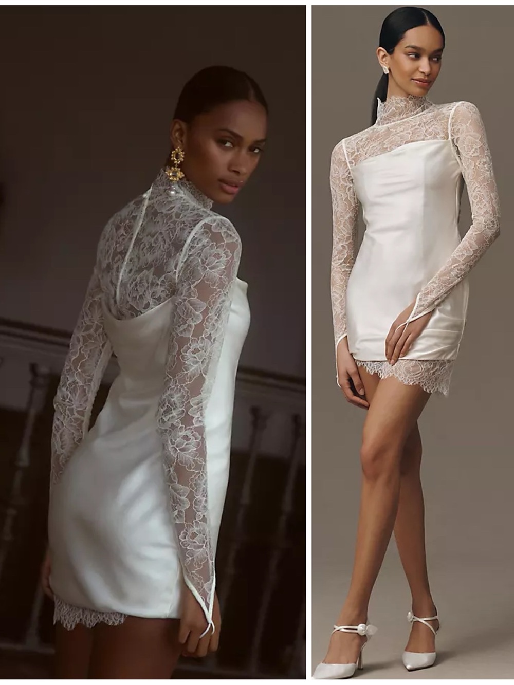 NWT De La Vali Croissant Long-Sleeve Lace Mini Short Bridal Dress Ivory Womens 6